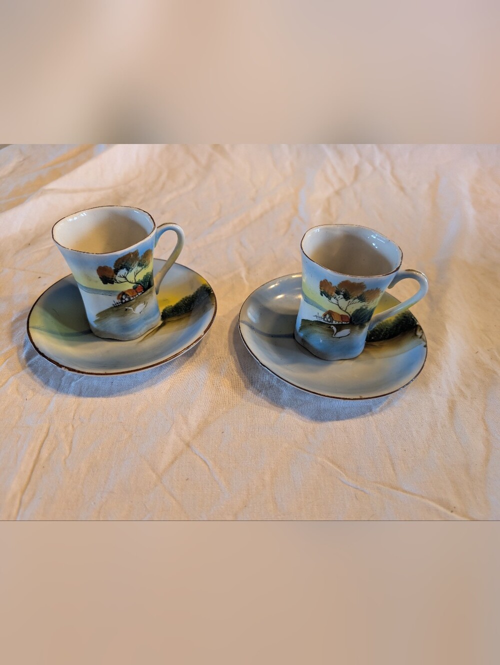 2/60$ Vintage Blue and Yellow Hand-Painted Demitasse Cups with Saucers